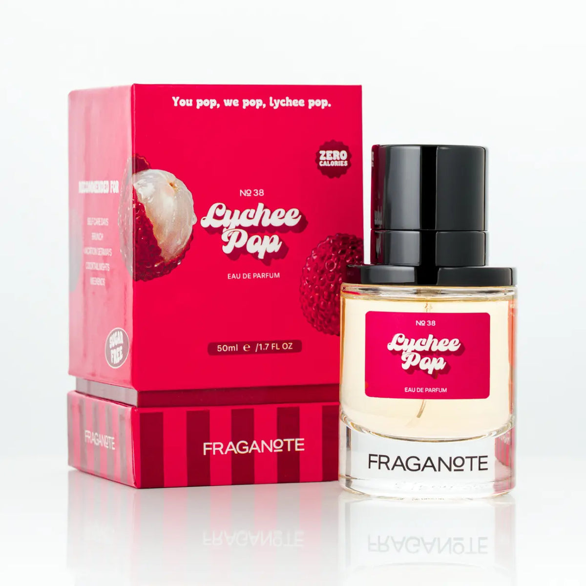 Lychee Pop perfume bottle by Fraganote with premium packaging