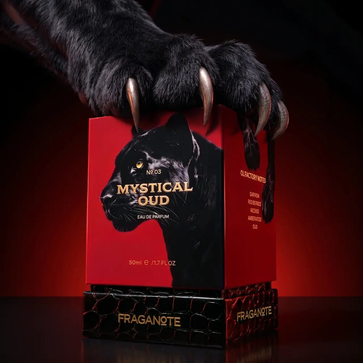 Mystical Oud perfume bottle by Fraganote with premium packaging
