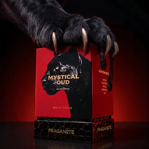 Mystical Oud perfume bottle by Fraganote with premium packaging