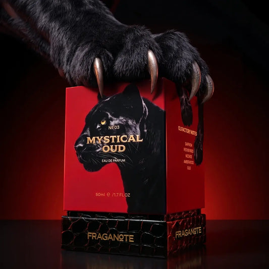 Mystical Oud perfume bottle by Fraganote with premium packaging